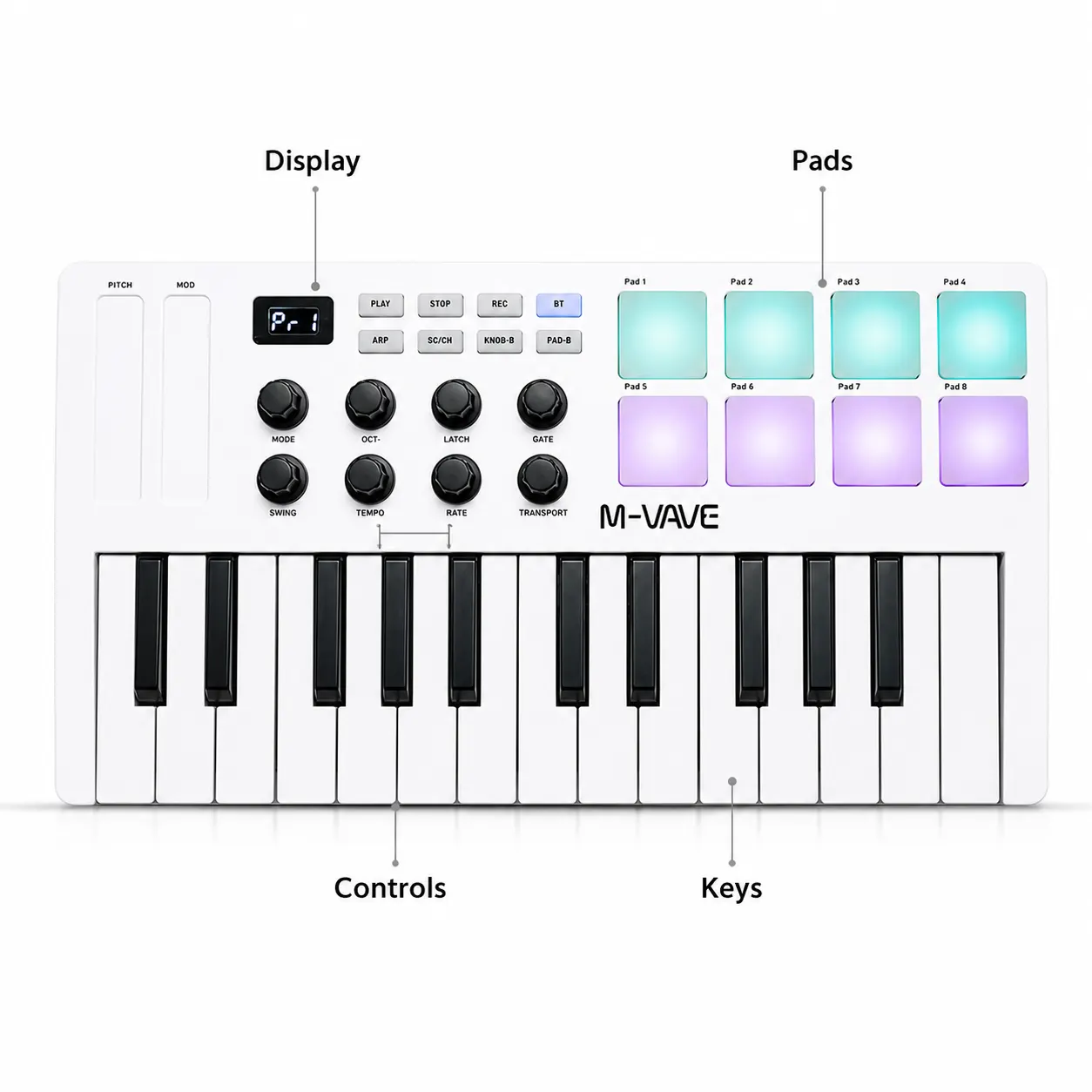 25 Key MIDI Keyboard Controller controls and screen